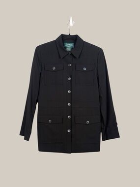 Lauren Ralph Lauren Petite Black Utility Jacket Size 8P Wool Lightweight Pockets